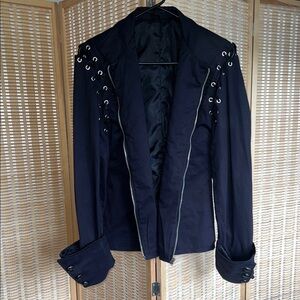 WOMENS ZIPPER BLACK JACKET WITH CUFFED SLEEVES, BUTTONS AND LACE DETAIL